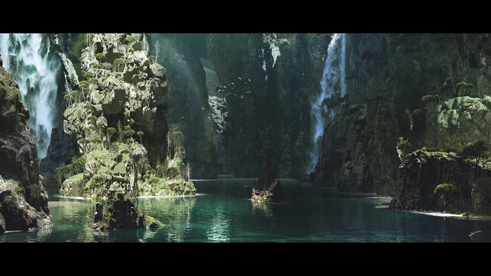 A ship sails on a lake with waterfalls and lush cliffs