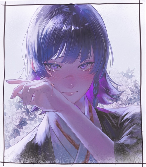 Anime boy with purple hair crying