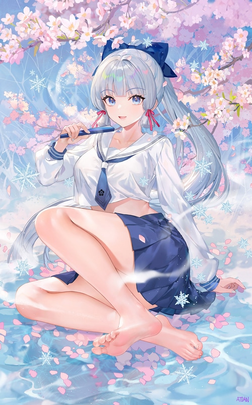 Kamisato Ayaka in a Sailor Uniform with Cherry Blossoms