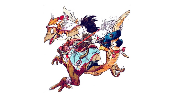 Son Goku and Bulma riding a dinosaur