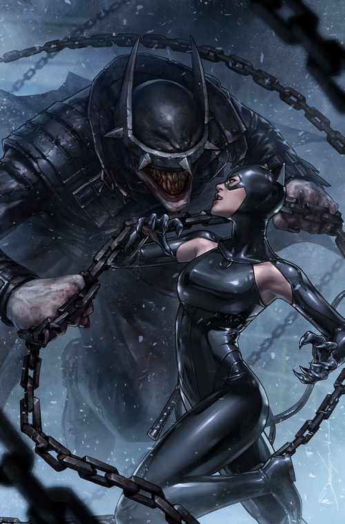 Catwoman faces the Batman Who Laughs surrounded by chains