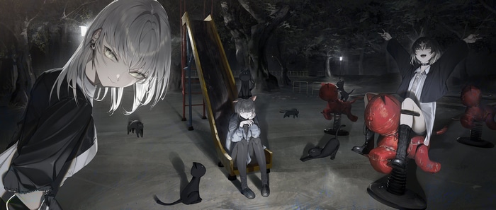 Anime girls and black cats in a dark playground at night