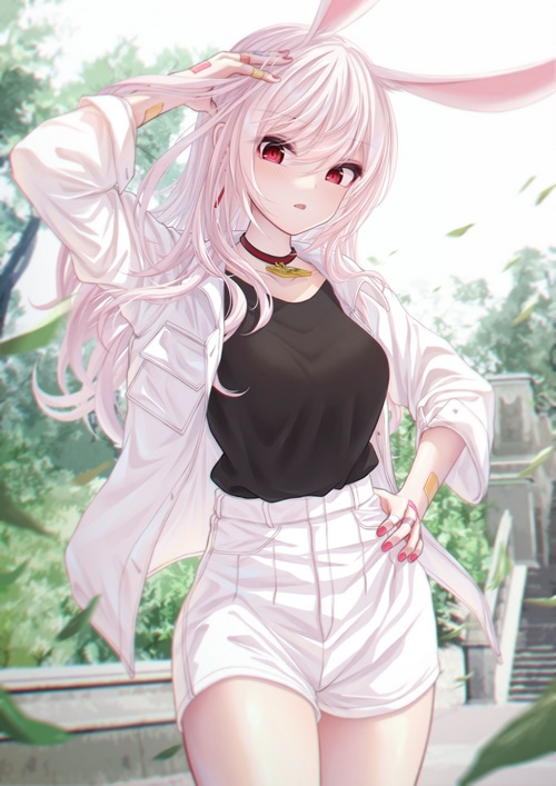 Anime bunny girl with pink hair and red eyes