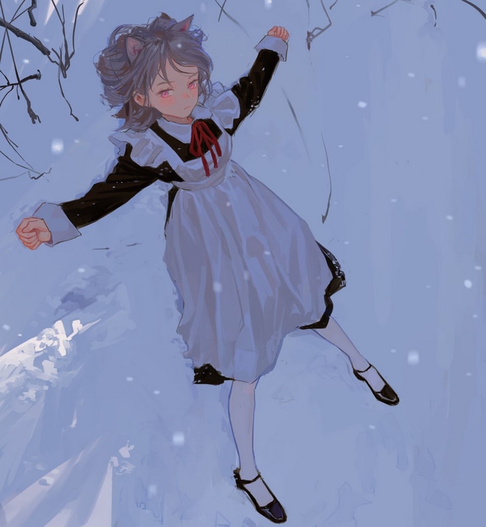 Cat girl in maid outfit lying in snow