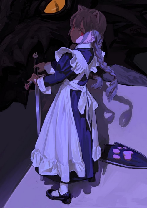 Maid girl with cat ears and sword facing a dragon