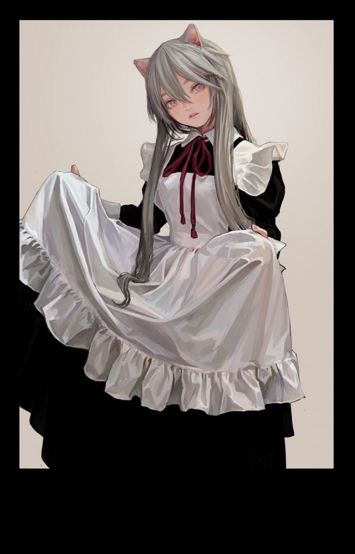Cat girl in maid outfit lifting her dress