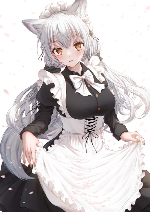 Cat girl in maid outfit lifting her dress