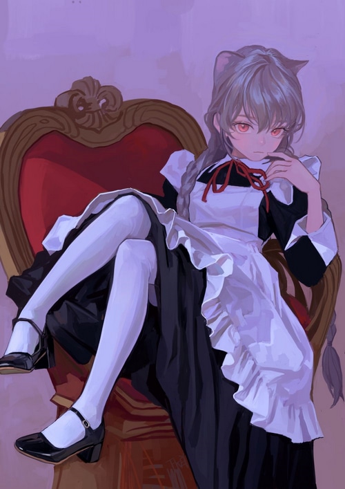 Cat girl in maid outfit sitting on a chair