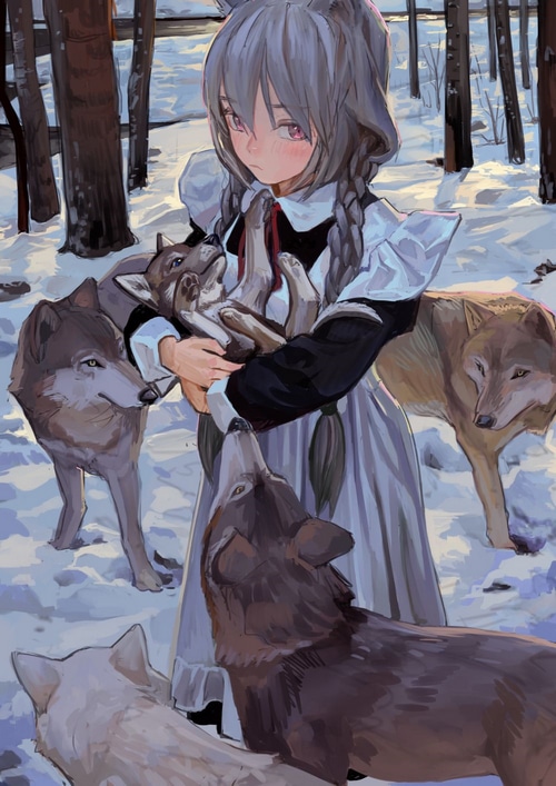 Girl in maid outfit holding wolf pup with wolves in snow
