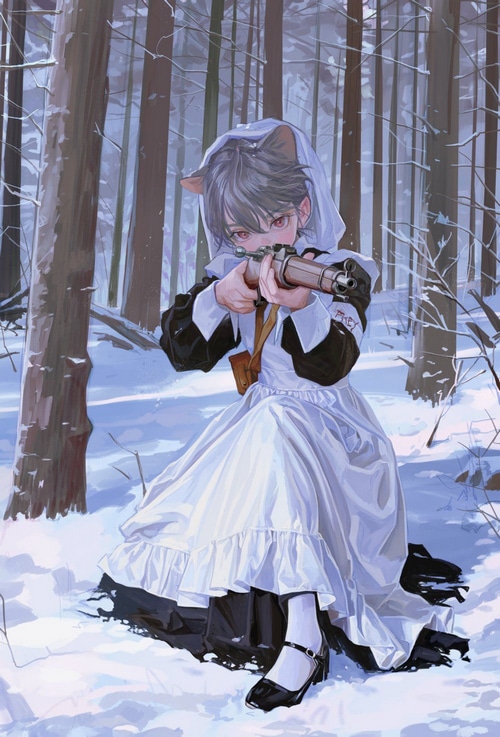 Cat girl in maid outfit aiming a rifle in a snowy forest