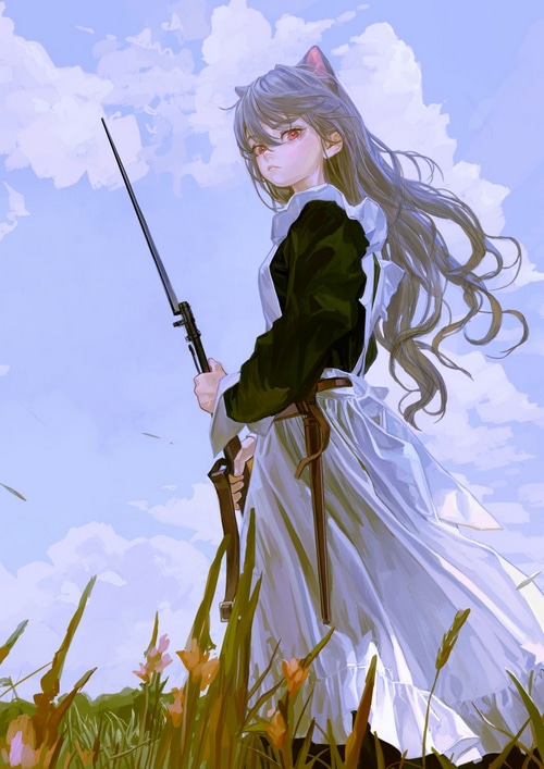 Cat girl maid with rifle in a grassy field