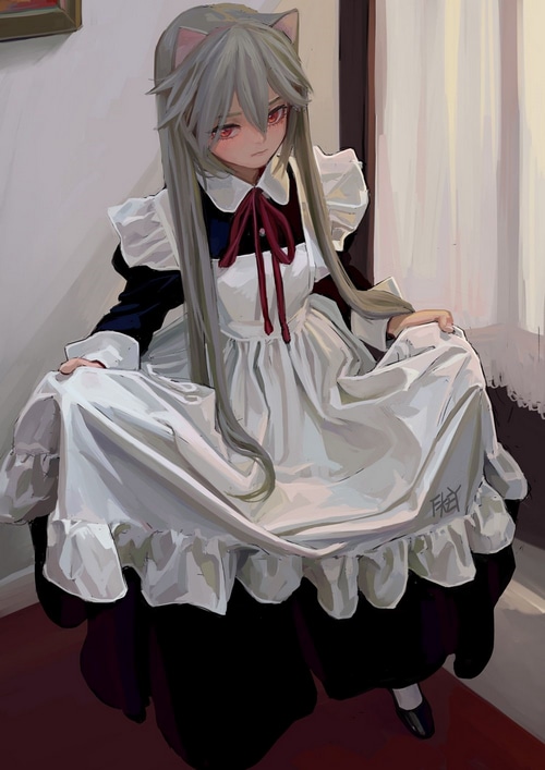Cat girl in maid outfit lifting her dress