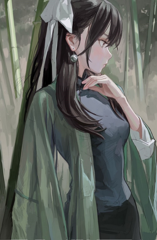 Anime girl with white bow in hair and green robe