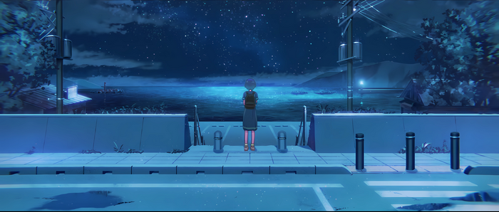 4K Anime screenshot of a girl under a starry night