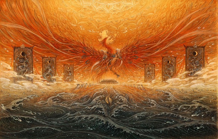 Phoenix rising from waves with banners