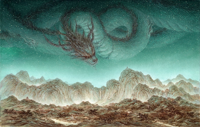 Dragon over mountains and villages