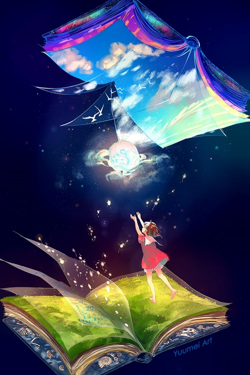 Anime girl reaching for a magical book in space