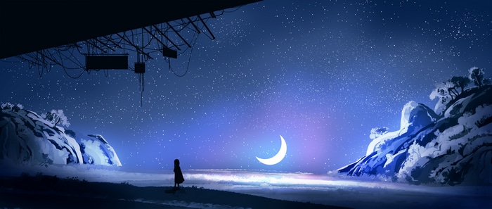 4K illustration of a girl under a starry night sky with a crescent moon
