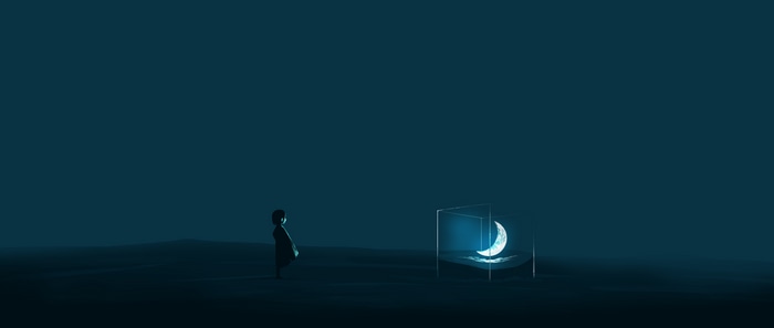 4K illustration of a child and a crescent moon in a box