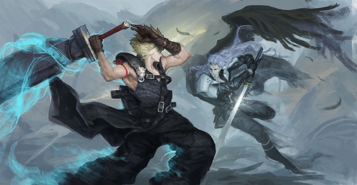 Cloud Strife and Sephiroth fighting with swords