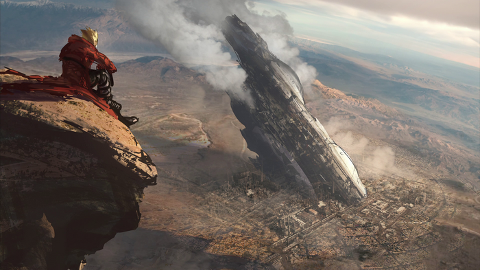 Vash the Stampede overlooking a destroyed city and spaceship