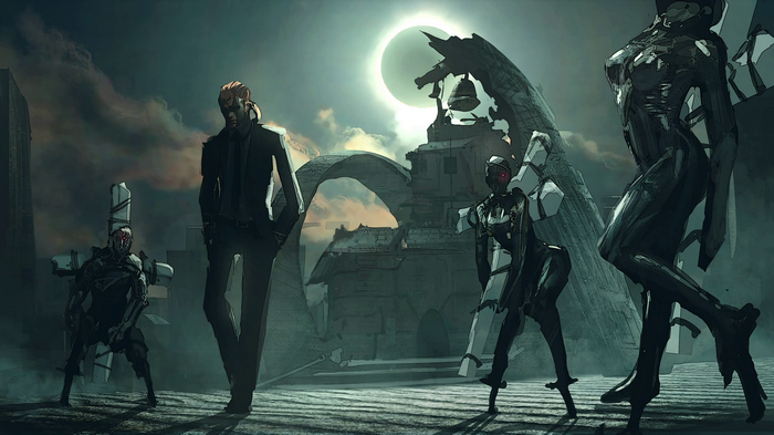 Cyborgs and a man stand under an eclipse