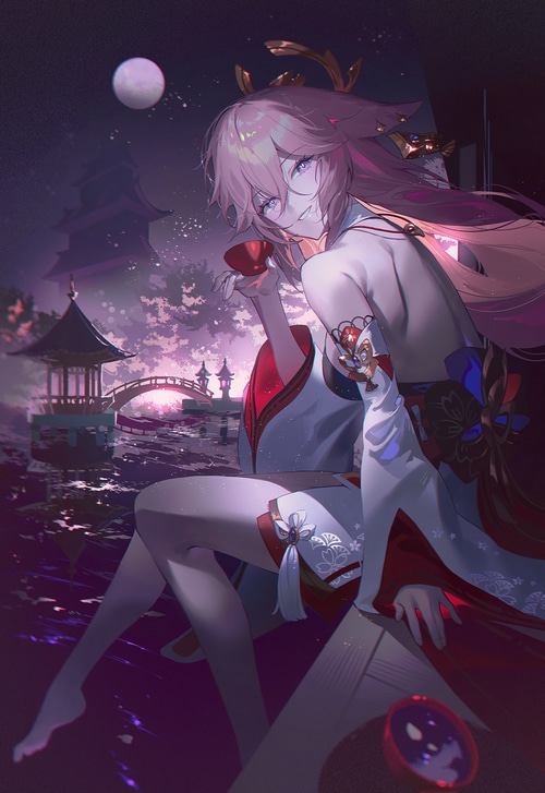 Yae Miko drinking sake by a moonlit Japanese garden