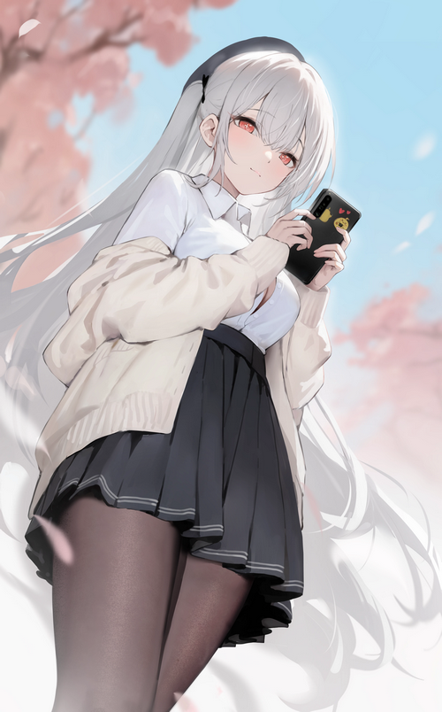 Azur Lane Scylla holding a phone under cherry blossoms