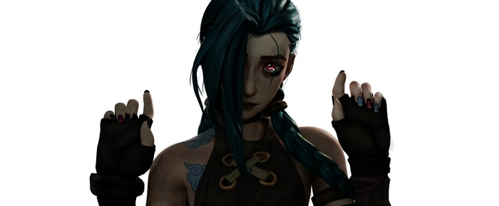 4K Jinx from Arcane with blue hair and tattoos