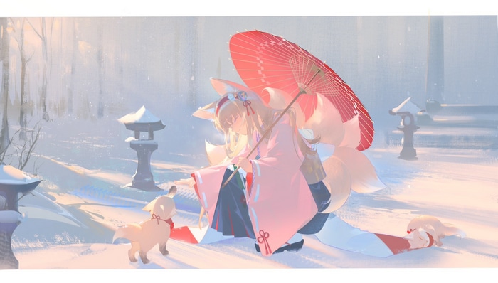 Fox girl with umbrella in a snowy forest