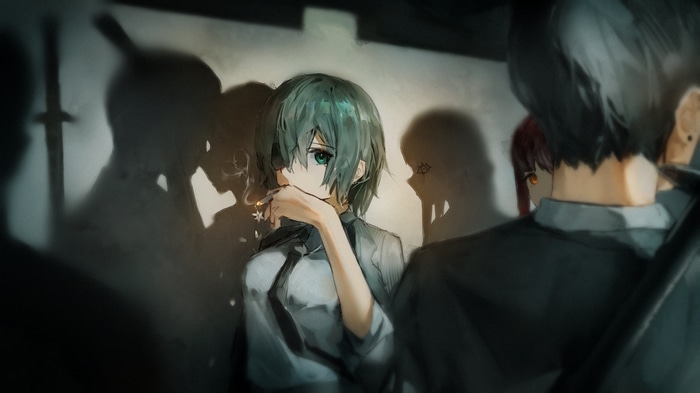 Chainsaw Man characters smoking in shadows