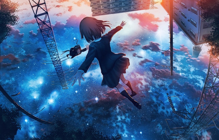 Two schoolgirls floating in a starry sky with buildings