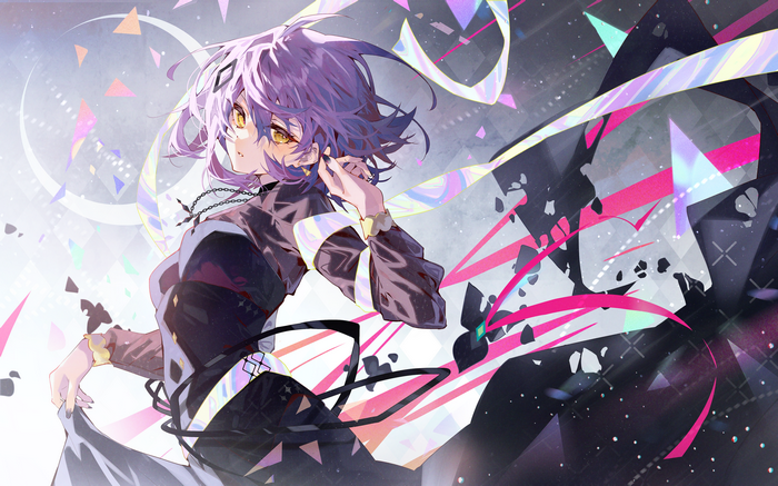 Anime girl with purple hair and yellow eyes lifting dress