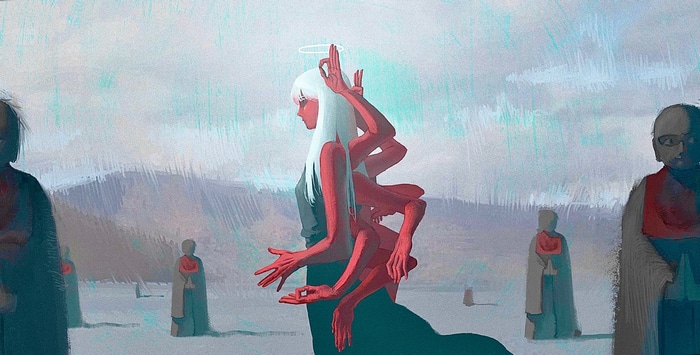 Deity with red skin and white hair and a nimbus