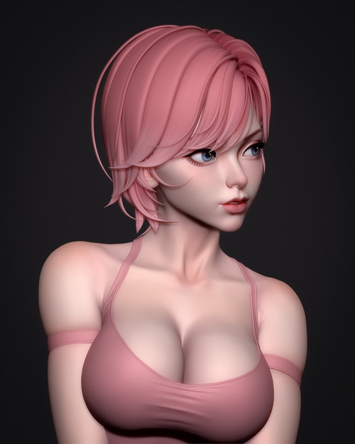 Pink haired woman with blue eyes