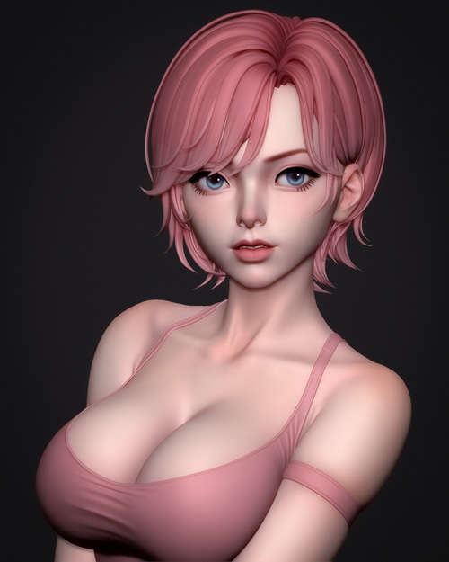 Woman with pink hair and blue eyes