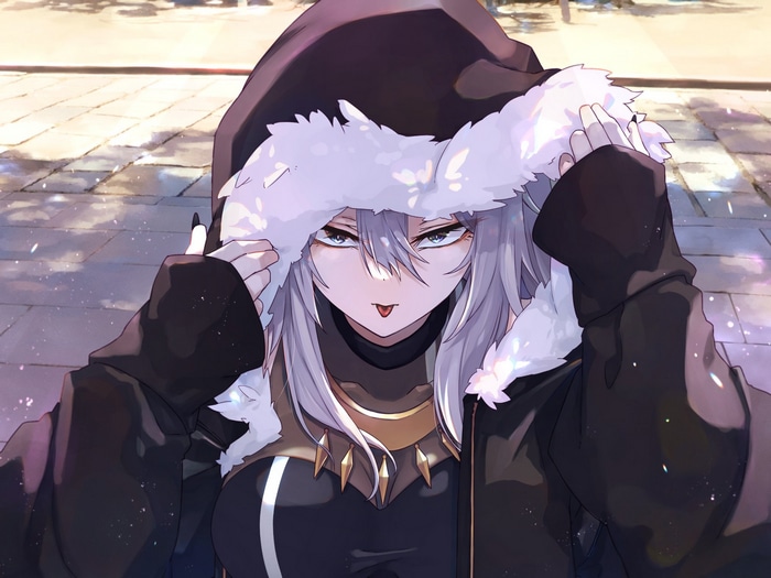Shishiro Botan wearing a furry hood