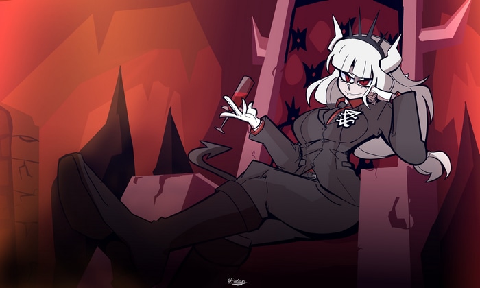 Lucifer sitting on a throne with a wine glass