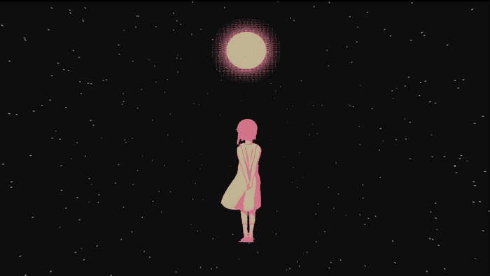 Lain Iwakura in pixel art under a glowing moon