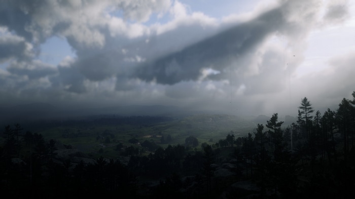 Red Dead Redemption 2 landscape with clouds and trees