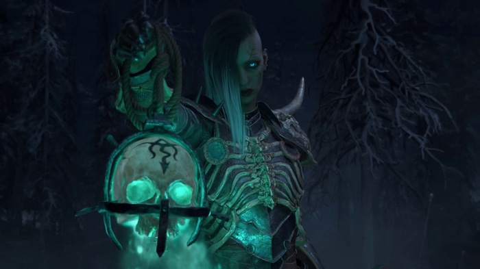 4K Diablo IV Necromancer holding a skull lantern