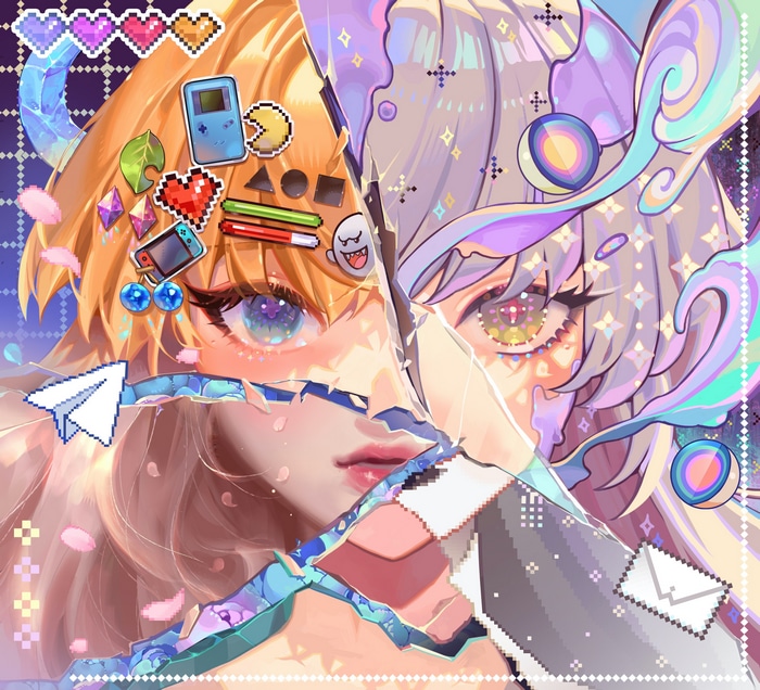 Shattered illustration of two anime girls with gaming elements