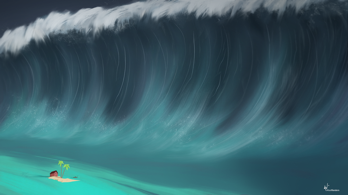 Giant wave approaching a small island with palm trees