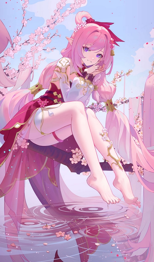 Elysia from Honkai Impact 3rd with pink hair and flowers