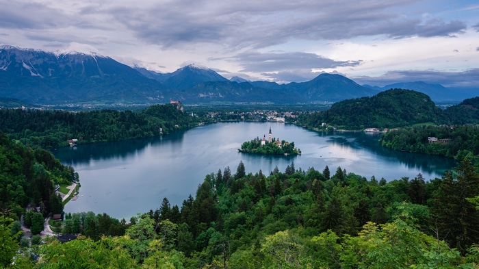 4K Lake Bled with Island Church and Mountains
