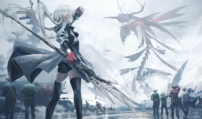Girl with spear facing a skeletal dragon
