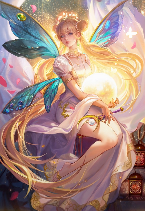 Fantasy girl with blonde twintails and butterfly wings