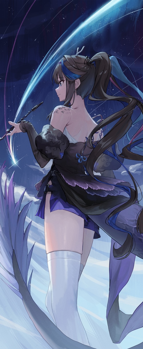 Girl with ponytail and tail under starry sky
