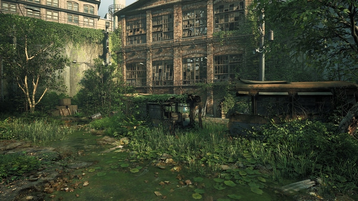 Overgrown ruins of a brick building