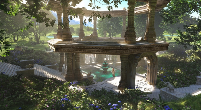 Ancient temple ruins with a fountain and people